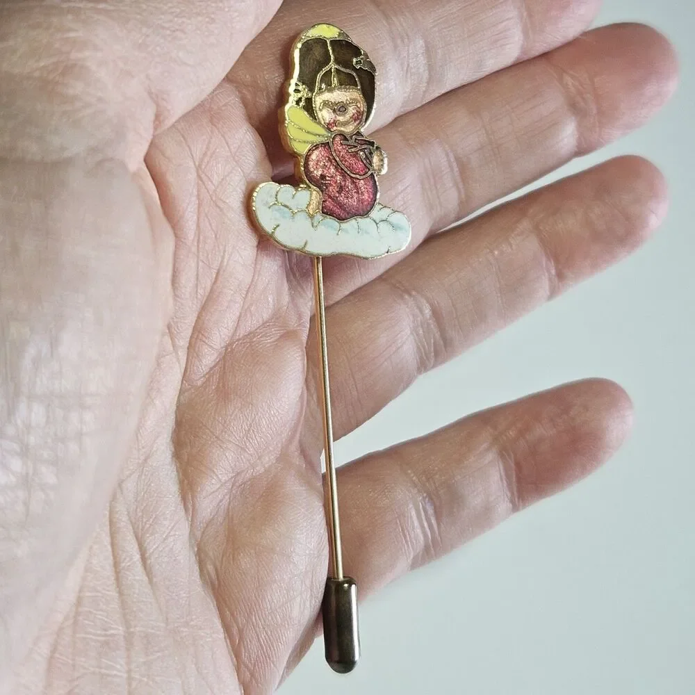 Vintage 1978 Enameled Centennia Stick Pin Gold Tone Angel Praying Red Pink Lapel